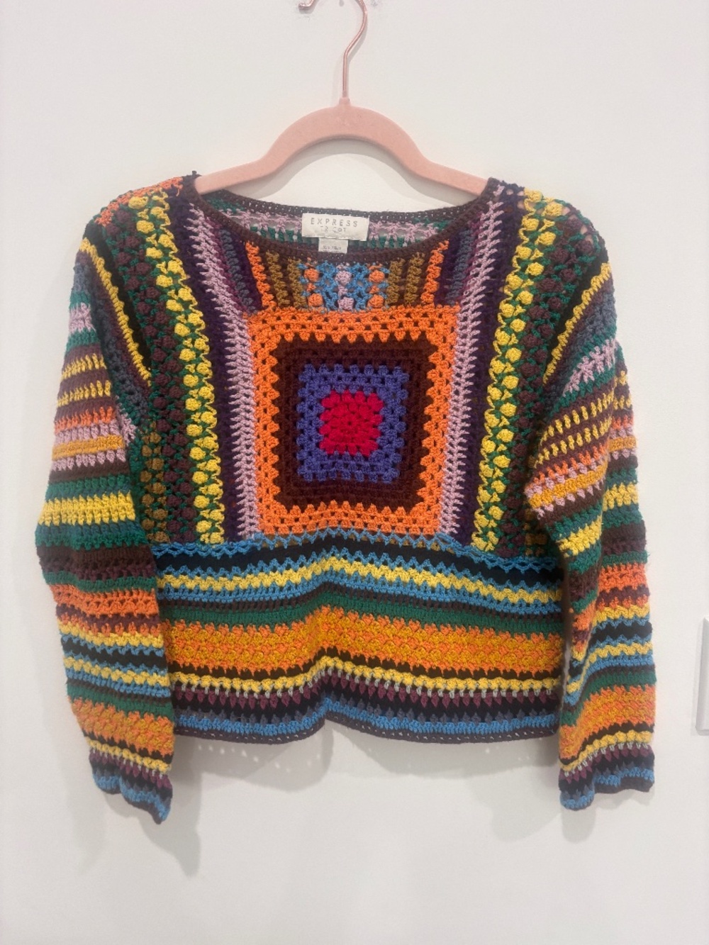 Vintage 90s Express Tricot Crochet Sweater Large Granny Square Hippie Boho Top